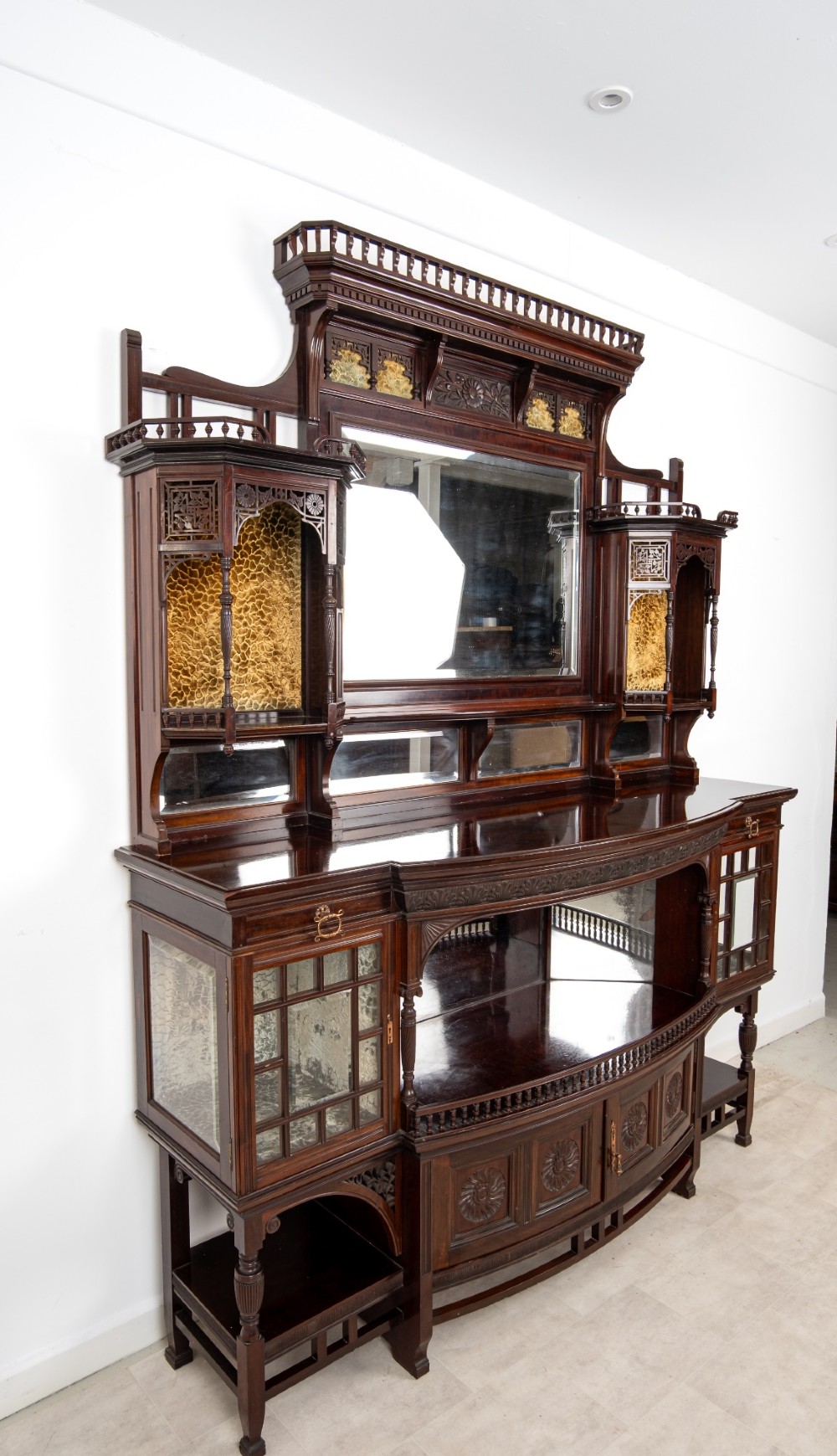 Antique Carved Mahogany Sideboard Cabinet by Lamb of Manchester c.1890 - Arts & Crafts Display Cabinet with Bevelled Mirrors View VIII