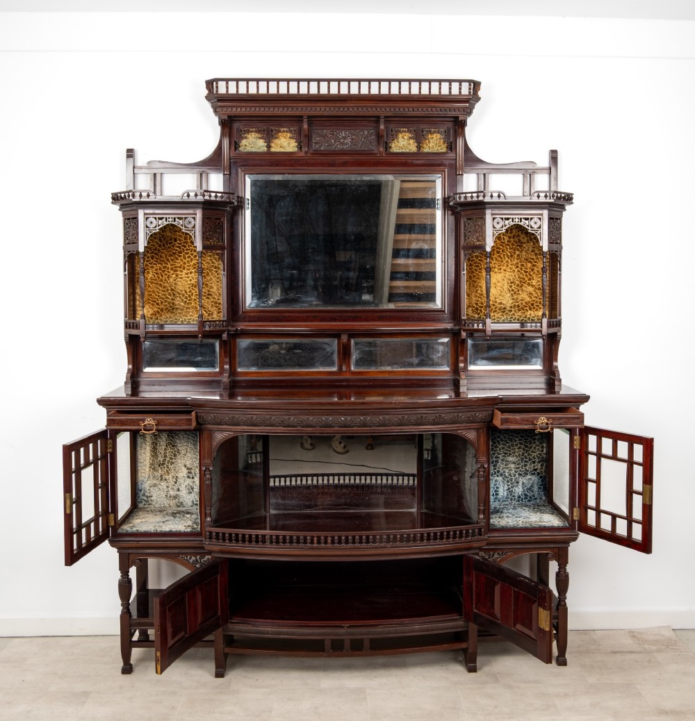 Antique Carved Mahogany Sideboard Cabinet by Lamb of Manchester c.1890 - Arts & Crafts Display Cabinet with Bevelled Mirrors View IX
