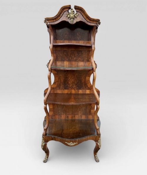 ANTIQUE 19TH CENTURY WALNUT GILT METAL SERPENTINE WHATNOT