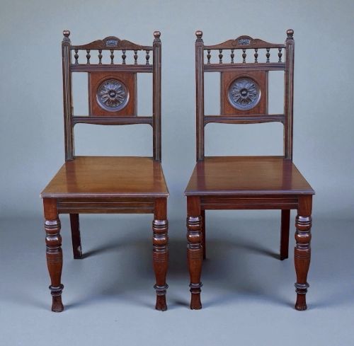 PAIR ANTIQUE VICTORIAN MAHOGANY HALL CHAIRS 19TH CENTURY CARVED WOOD
