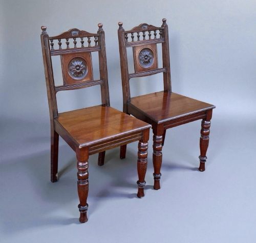 PAIR ANTIQUE VICTORIAN MAHOGANY HALL CHAIRS 19TH CENTURY CARVED WOOD - ADDITIONAL PHOTO 1