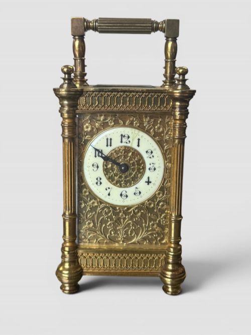 ANTIQUE FRENCH GOTHIC REVIVAL CARRIAGE CLOCK BRASS CASE WORKING TIMEPIECE