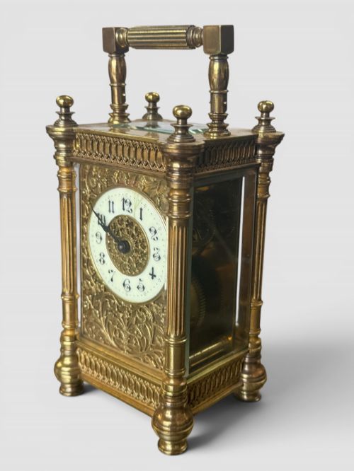 ANTIQUE FRENCH GOTHIC REVIVAL CARRIAGE CLOCK BRASS CASE WORKING TIMEPIECE - ADDITIONAL PHOTO 1