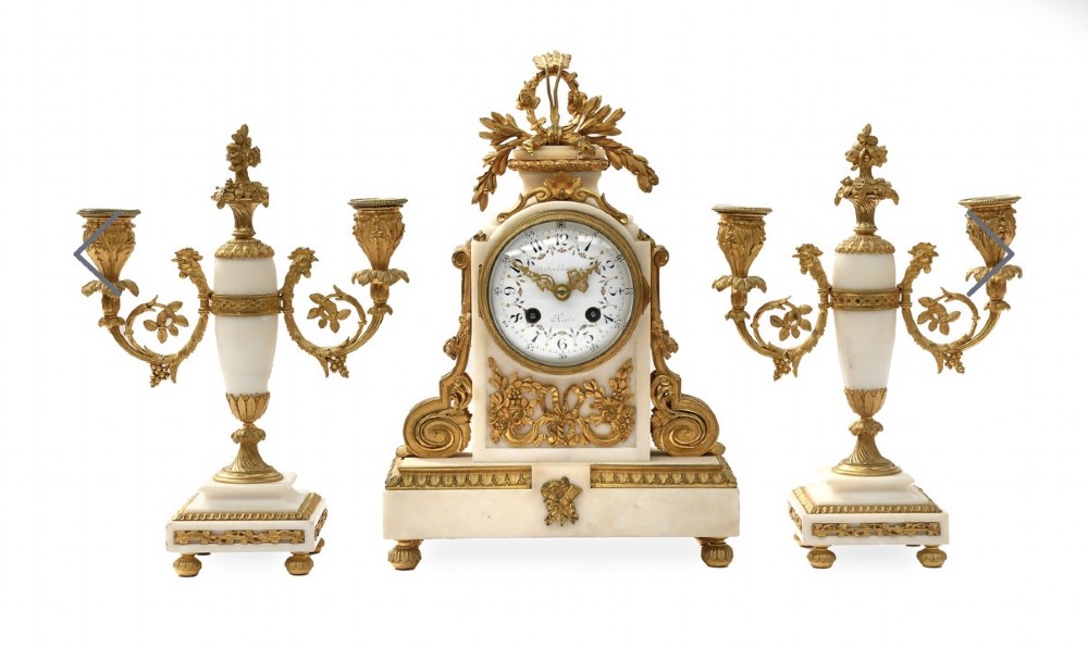 19th Century Antique French Gilt Bronze & Marble Mantel Clock Garniture c1890