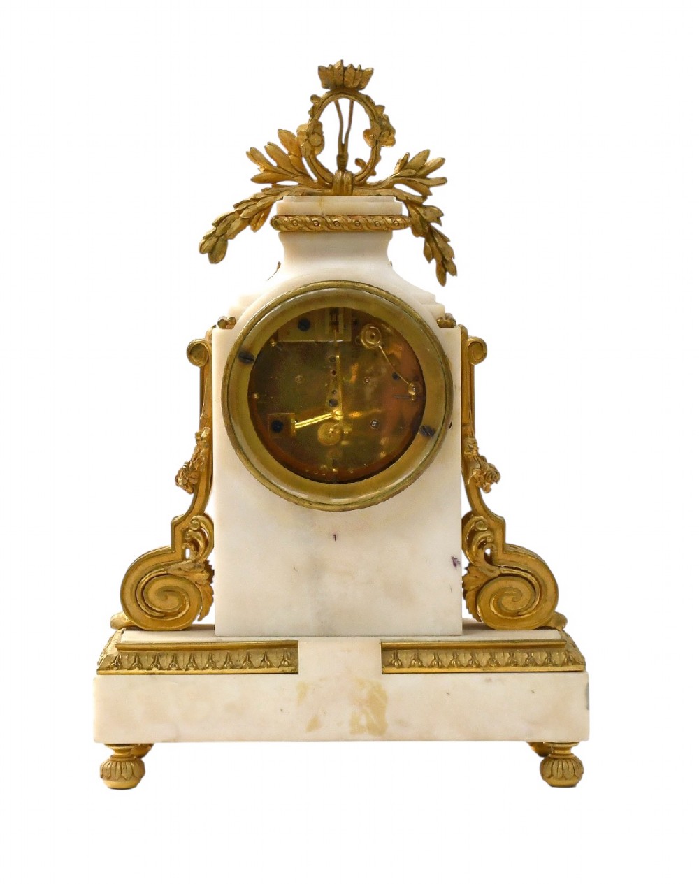 A late 19th-century French gilt bronze and white marble mantel clock garniture set flanked by two matching two-light candelabra. View VII