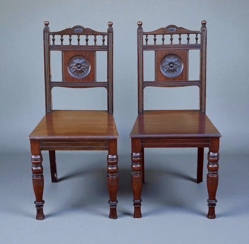 Pair Antique Victorian Mahogany Hall Chairs 19th Century Carved Wood