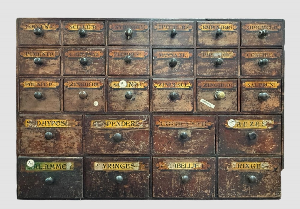 A 19th-century dark wood apothecary bank of drawers featuring twenty-six individual drawers with Latin botanical labels and turned knob handles.