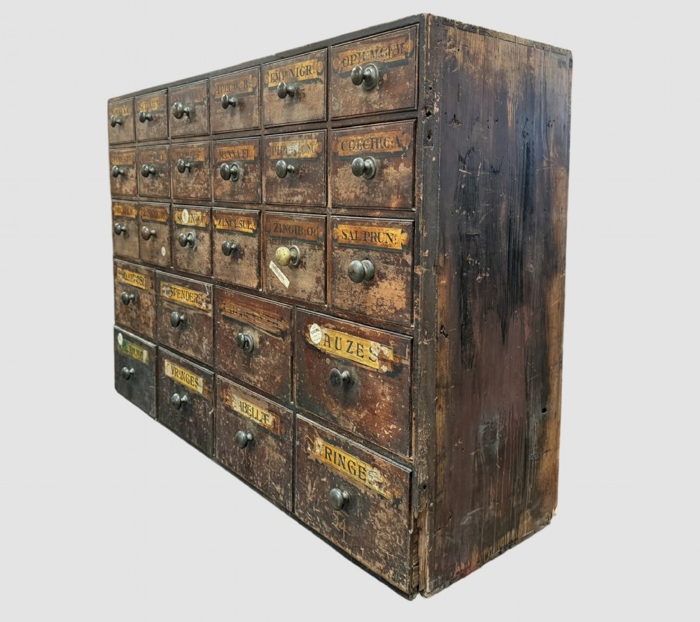 A 19th-century dark wood apothecary bank of drawers featuring twenty-six individual drawers with Latin botanical labels and turned knob handles. View II