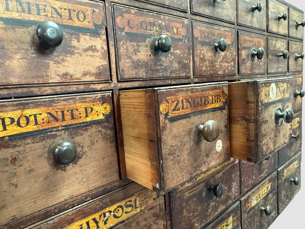 A 19th-century dark wood apothecary bank of drawers featuring twenty-six individual drawers with Latin botanical labels and turned knob handles. View IV