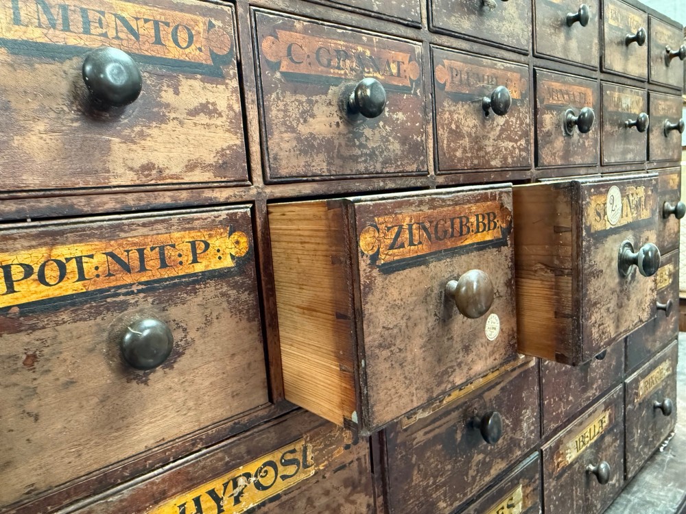 A 19th-century dark wood apothecary bank of drawers featuring twenty-six individual drawers with Latin botanical labels and turned knob handles. View VII