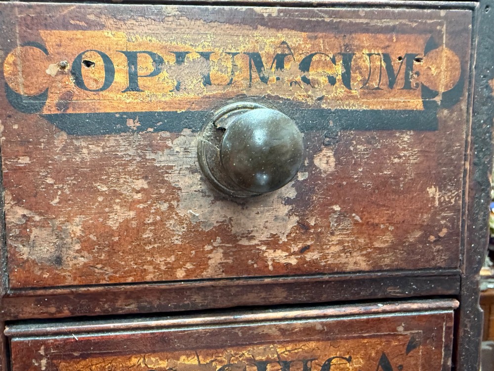A 19th-century dark wood apothecary bank of drawers featuring twenty-six individual drawers with Latin botanical labels and turned knob handles. View X