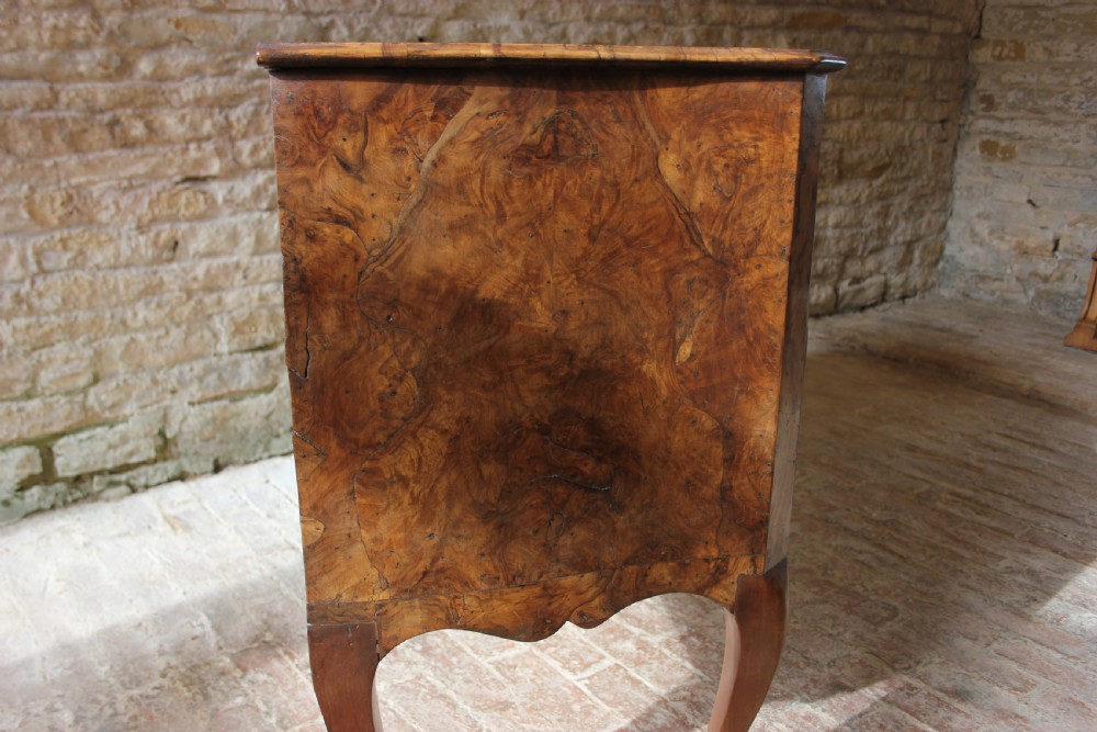 An eighteenth-century Italian walnut commode featuring a serpentine curved front, two panel doors, cabriole legs, and dark metal handles. View VI