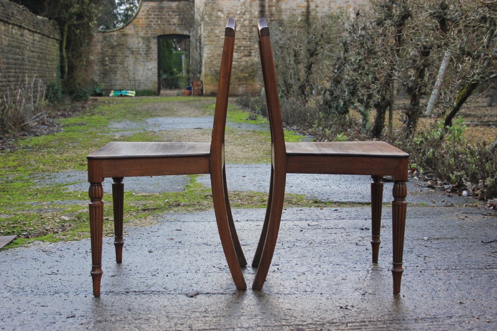 A pair of mahogany hall chairs featuring carved backrests with central circular mouldings, solid timber seats, and fluted turned front legs. View XII
