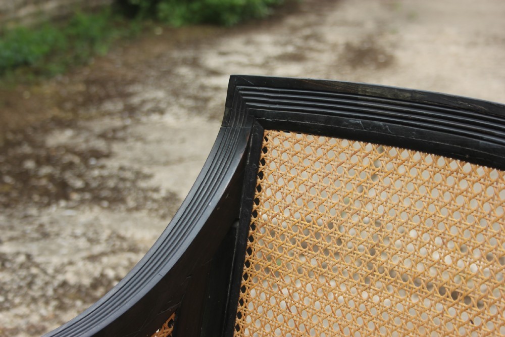 An Anglo-Indian style dark ebony bergere armchair featuring woven cane panelling on the backrest, sides, and seat, resting on straight legs with brass castors. View IV