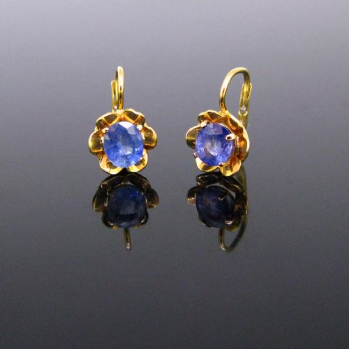 Reserved Vintage Ceylon Sapphires Dormeuses Earrings, 18kt Yellow Gold