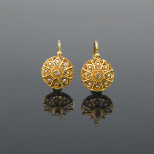 ANTIQUE VICTORIAN ROSE CUT DIAMONDS PEARLS DORMEUSES EARRINGS 18KT YELLOW GOLD FRANCE CIRCA 1880 - ADDITIONAL PHOTO 1