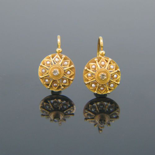 ANTIQUE VICTORIAN ROSE CUT DIAMONDS PEARLS DORMEUSES EARRINGS 18KT YELLOW GOLD FRANCE CIRCA 1880 - ADDITIONAL PHOTO 2