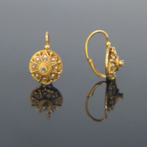 ANTIQUE VICTORIAN ROSE CUT DIAMONDS PEARLS DORMEUSES EARRINGS 18KT YELLOW GOLD FRANCE CIRCA 1880 - ADDITIONAL PHOTO 3