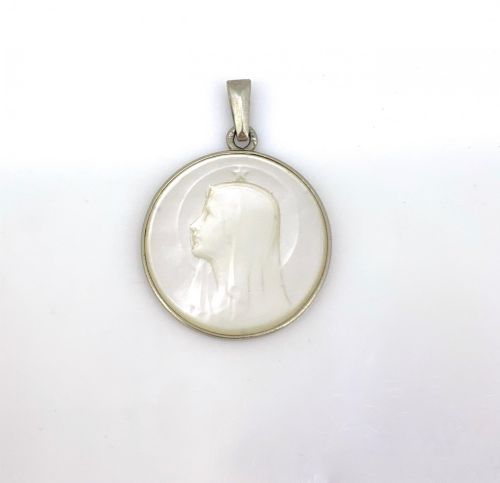 ANTIQUE MOTHER OF PEARL RELIGIOUS MEDAL PENDANT 18KT WHITE GOLD FRANCE CIRCA 1920 - ADDITIONAL PHOTO 6
