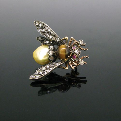 reserved antique victorian pearl tiger eye diamonds bee brooch 18kt gold and silver circa 1880 - CATEGORY: ANTIQUE JEWELLERY - DATED VICTORIAN