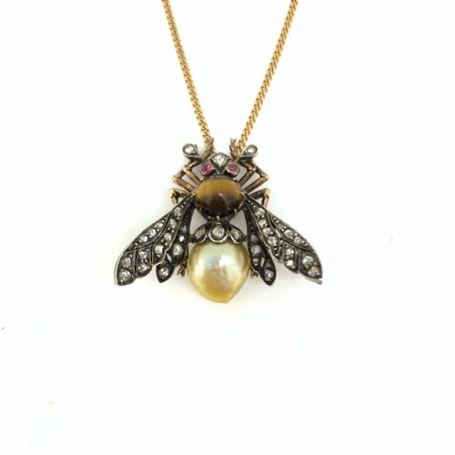 RESERVED ANTIQUE VICTORIAN PEARL TIGER EYE DIAMONDS BEE BROOCH 18KT GOLD AND SILVER CIRCA 1880 - ADDITIONAL PHOTO 1
