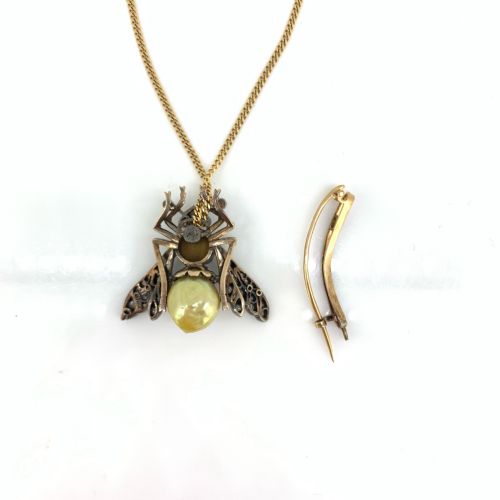 RESERVED ANTIQUE VICTORIAN PEARL TIGER EYE DIAMONDS BEE BROOCH 18KT GOLD AND SILVER CIRCA 1880 - ADDITIONAL PHOTO 2