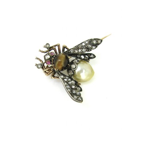 RESERVED ANTIQUE VICTORIAN PEARL TIGER EYE DIAMONDS BEE BROOCH 18KT GOLD AND SILVER CIRCA 1880 - ADDITIONAL PHOTO 3