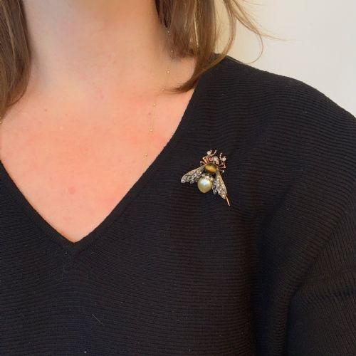 RESERVED ANTIQUE VICTORIAN PEARL TIGER EYE DIAMONDS BEE BROOCH 18KT GOLD AND SILVER CIRCA 1880 - ADDITIONAL PHOTO 7
