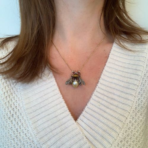 RESERVED ANTIQUE VICTORIAN PEARL TIGER EYE DIAMONDS BEE BROOCH 18KT GOLD AND SILVER CIRCA 1880 - ADDITIONAL PHOTO 8