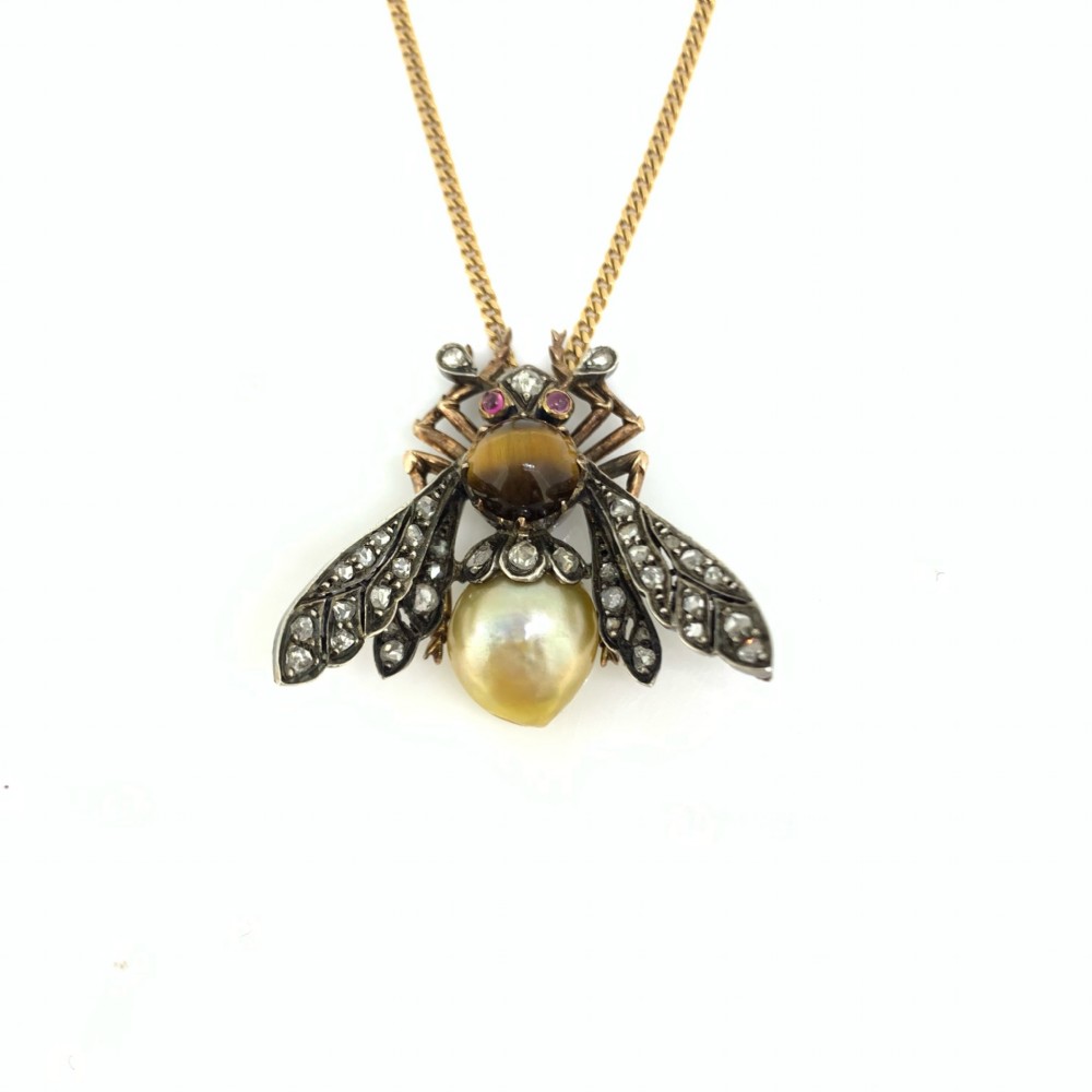 RESERVED Antique Victorian Pearl Tiger eye Diamonds Bee Brooch, 18kt gold and silver, circa 1880 View II