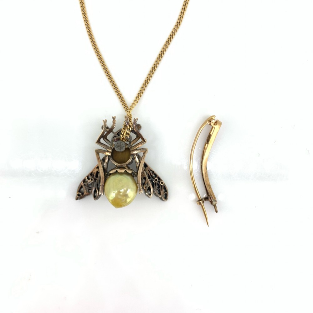 RESERVED Antique Victorian Pearl Tiger eye Diamonds Bee Brooch, 18kt gold and silver, circa 1880 View III