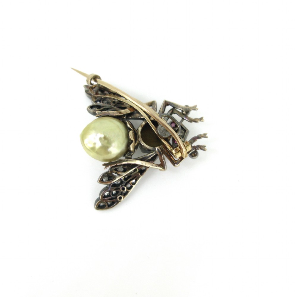 RESERVED Antique Victorian Pearl Tiger eye Diamonds Bee Brooch, 18kt gold and silver, circa 1880 View V
