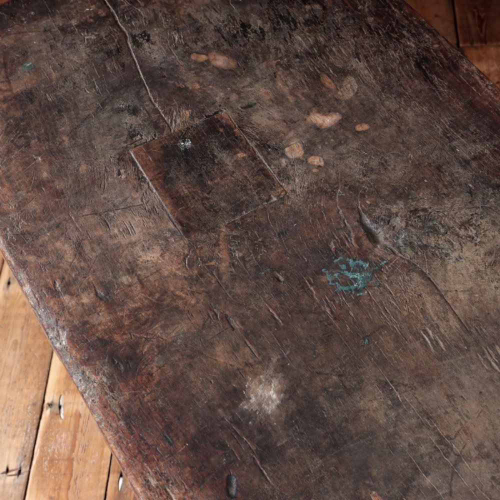 A 17th-century Spanish timber console table featuring two carved drawer fronts with iron ring handles. View XVIII