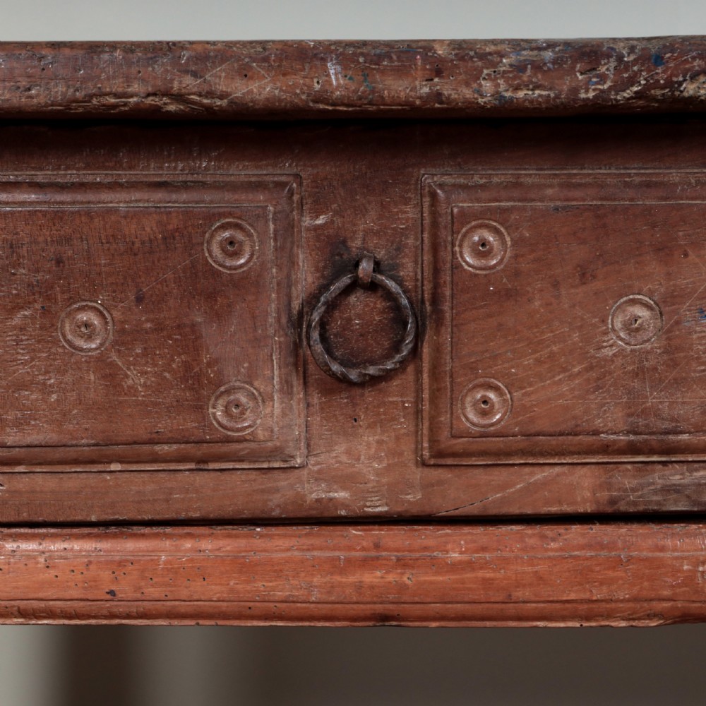 A 17th-century Spanish timber console table featuring two carved drawer fronts with iron ring handles. View XXIII
