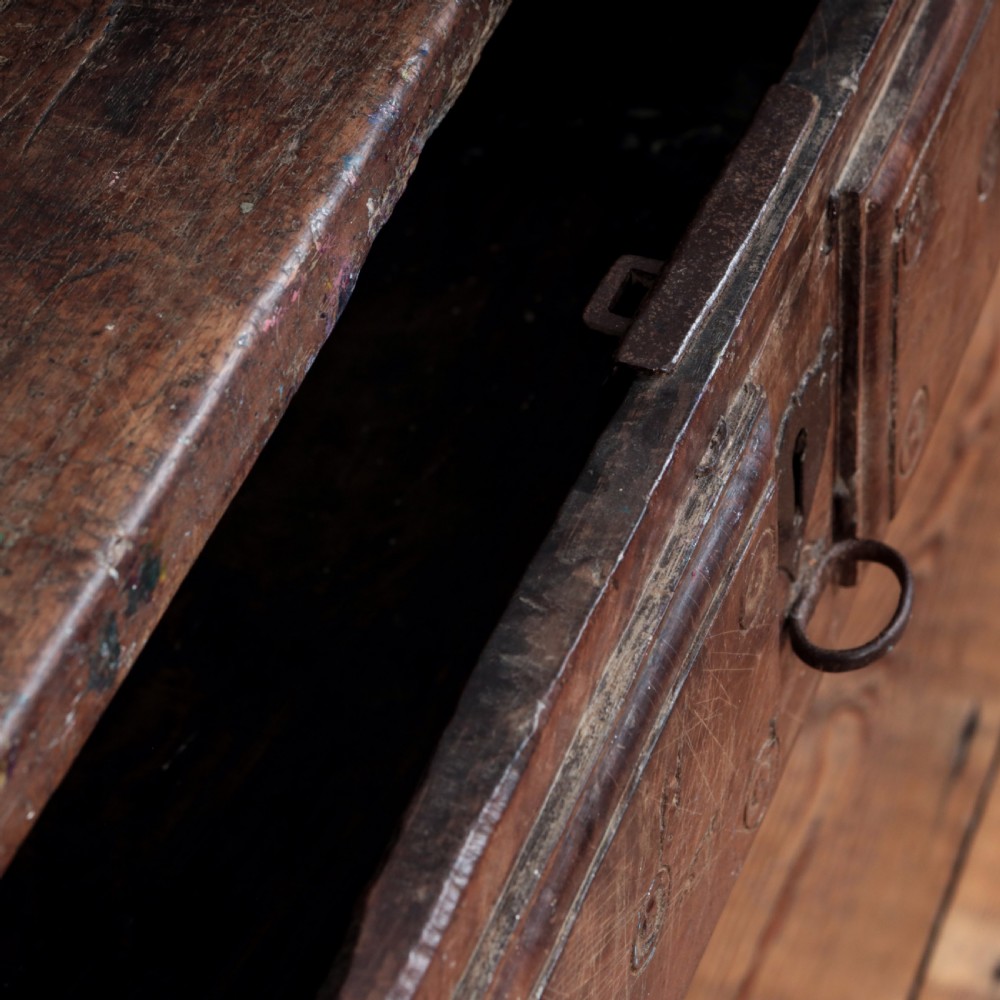 A 17th-century Spanish timber console table featuring two carved drawer fronts with iron ring handles. View XXVII