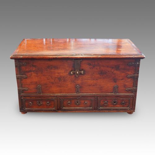 Antique Colonial Hardwood Iron Bound Mule Chest