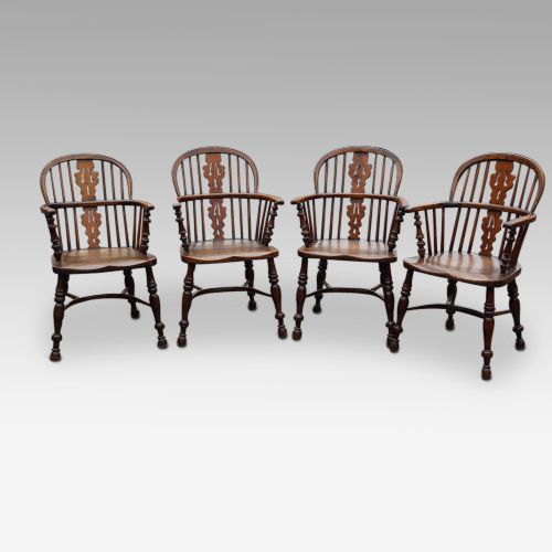Set of 4 Antique Yew Wood Windsor Armchairs