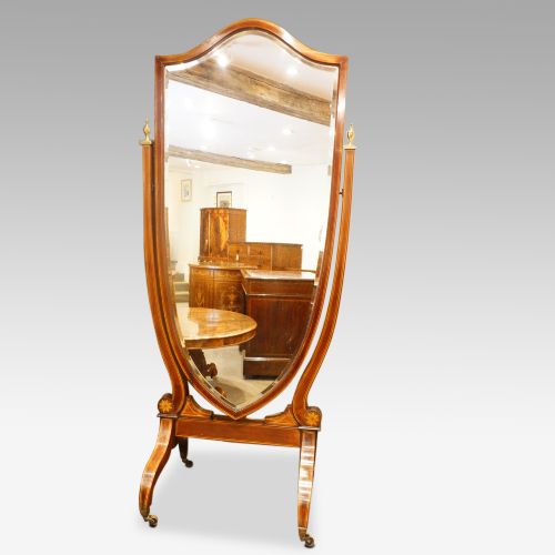 Edwardian Inlaid Mahogany Shield Shape Cheval Mirror