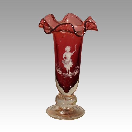 fig 1. Pair of Mary Gregory cranberry glass vases
