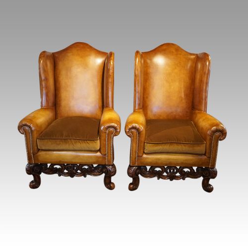 Pair of Leather Club Walnut Wingchairs