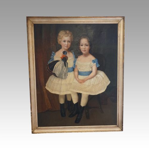 19thc. Primitive Portrait of Sisters