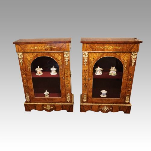 Pair of Victorian Floral Marquetry Walnut Pier Cabinets