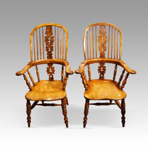 Pair of Victorian Yew Broad Arm Windsor Chairs
