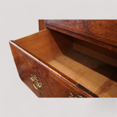fig 5. A George II walnut tallboy featuring stacked drawers with decorative brass handles, bracket feet, and a sunburst motif on the bottom drawer.