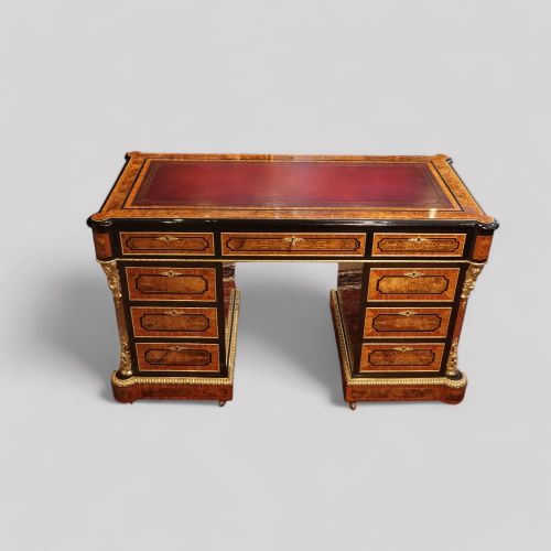 Antique Burr Walnut Ormolu Mounted Pedestal Desk