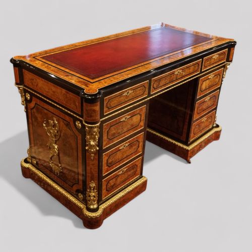 fig 3. Antique Burr Walnut Ormolu mounted Pedestal Desk
