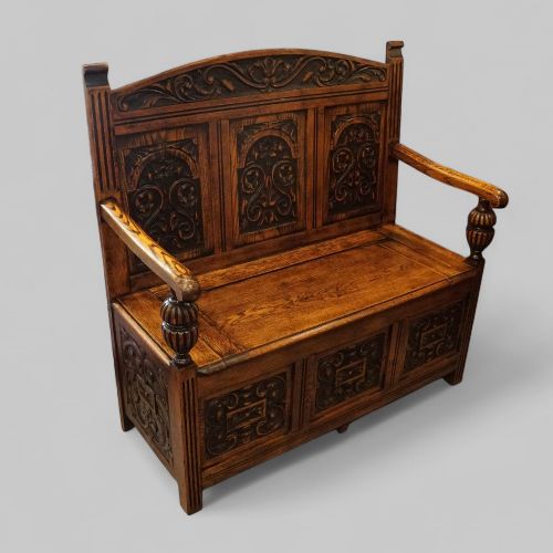 fig 2. Edwardian golden oak carved settle
