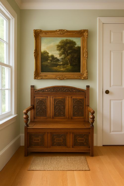 fig 6. Edwardian golden oak carved settle