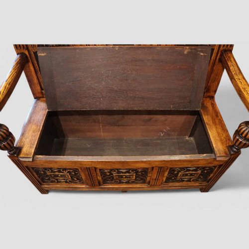 fig 7. Edwardian golden oak carved settle