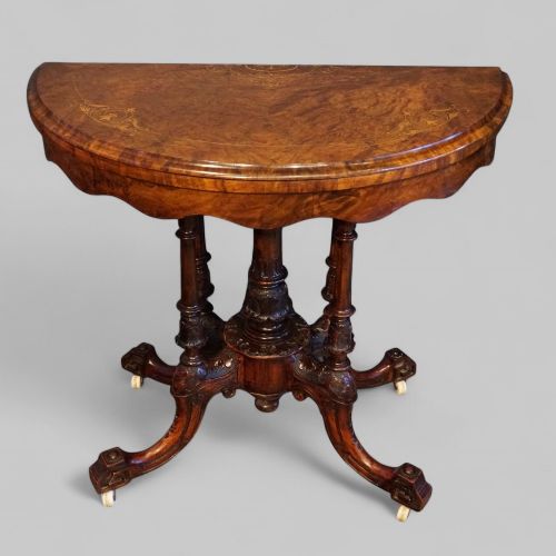 Antique Victorian Inlaid Walnut Demi Lune Card Table